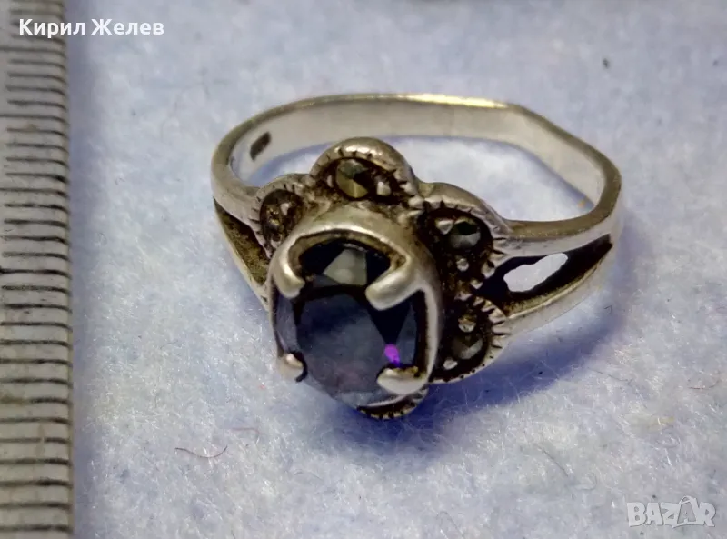 СТАРИНЕН МАРКАЗИТЕН СРЕБЪРЕН ПРЪСТЕН СРЕБРО 925 АВТОРСКИ с 2 ЩЕМПЕЛА и РЯДЪК ТЪМЕН АМЕТИСТ 48267, снимка 1