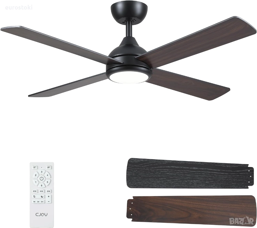 CJOY Безшумен таванен вентилатор с осветление 122 см и дистанционно управление, дървени 4 перки, снимка 1