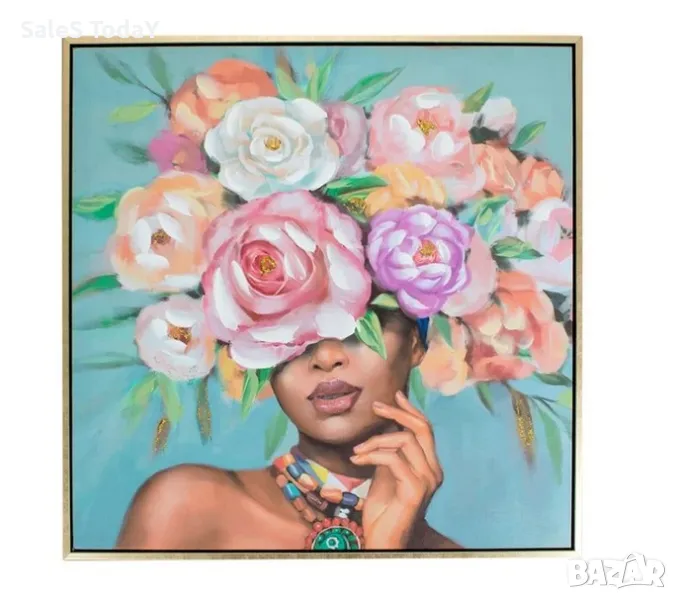 Картина с бои, Момиче с цветя, 60x60x3 см, златна пластмасова рамка, снимка 1