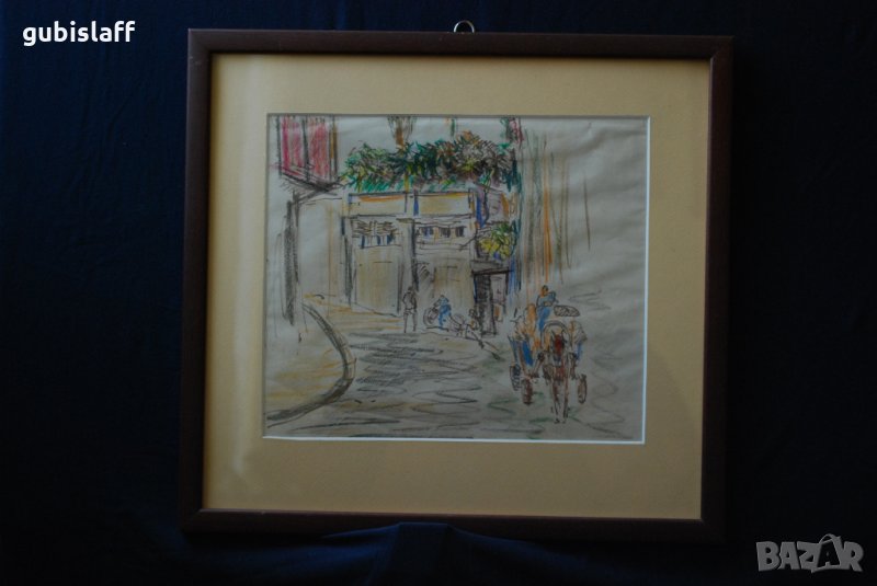 Стара картина,градски пейзаж, каруца,Стоян Василев, 1950-те, снимка 1
