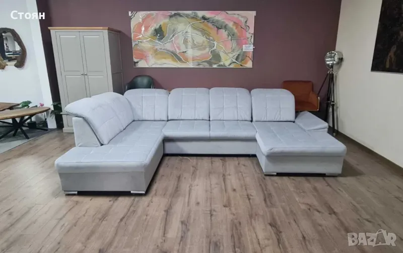 Светло сив П образен ъглов диван от плат Nigrum с функция сън, снимка 1