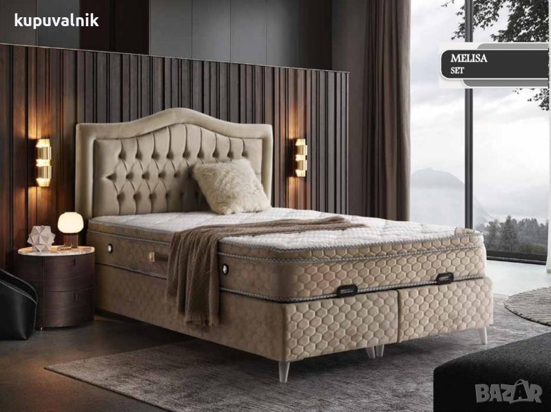 Боксспринг тапицирано легло с матрак + топер , снимка 1