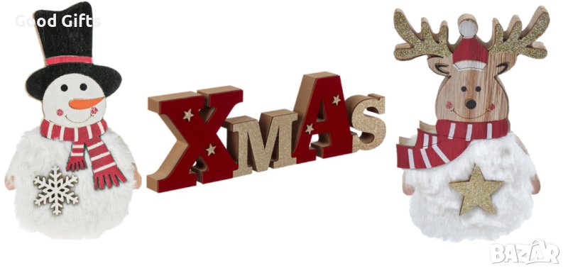 3 броя Дървени коледни фигурки за Коледна украса, XMAS, Снежен човек и Елен, снимка 1