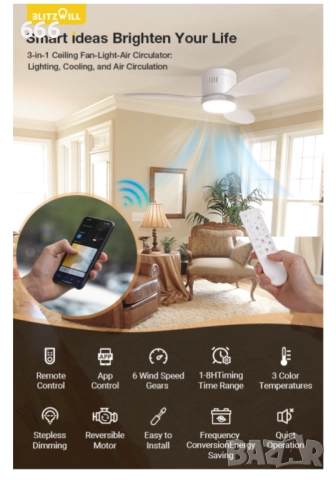 Таванен вентилатор със светлини и дистанционно управление, снимка 4 - Други - 52931264