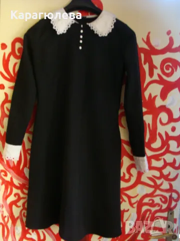 Черна рокля с бяла яка и маншети Adda, снимка 2 - Рокли - 47294494