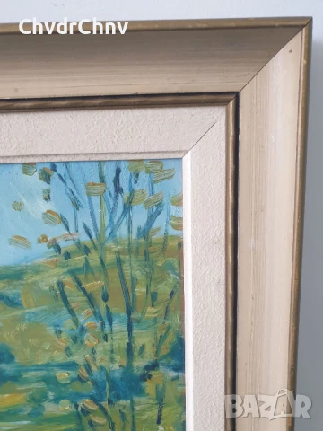 68х59см/голяма стара картина масло върху фазер/импресионизъм/пейзаж/река-лодка/дървена рамка, снимка 9 - Картини - 51218520