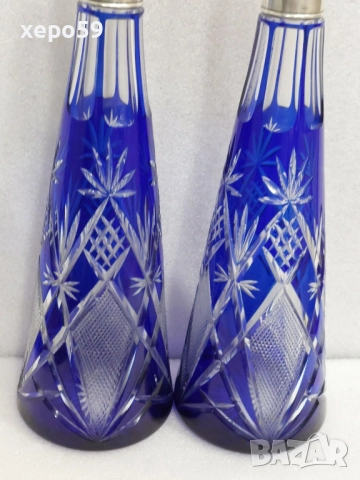  Прекрасни кристални бутилки за ликьор със сребърни гривни''Бохемия кристал-1900 год.сребро 800, снимка 8 - Сервизи - 52815053