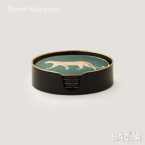 Луксозен комплект подложки за чаши с леопардов мотив и зелен фон, снимка 2 - Други - 55359747