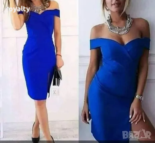 Официална синя рокля с паднали рамена, снимка 2 - Рокли - 49903259