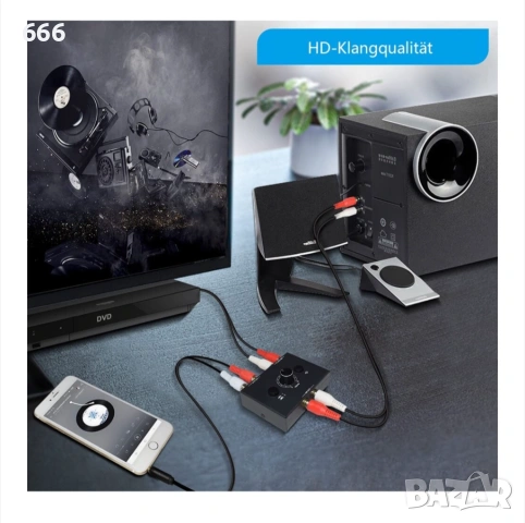 Стерео аудио превключвател с кабел, Метален, 7.8x4.8x2cm, Черен, снимка 4 - Друга електроника - 54030768