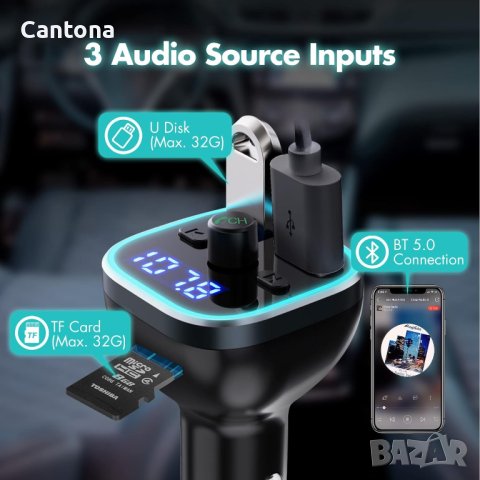 Victsing FM трансмитер Bluetooth 5.0, Волтметър, 7 цвята Dual USB QC3.0, Siri, Google, снимка 6 - Аксесоари и консумативи - 42343372