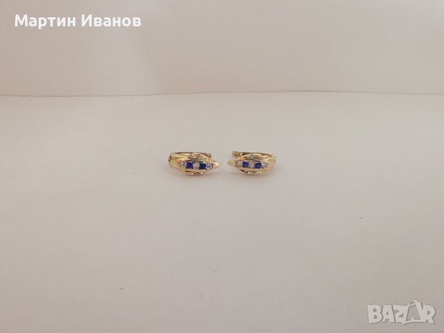 Златни обеци с цирконий и сапфири , снимка 6 - Обеци - 44371586