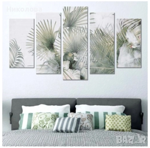 Картина пано от 5 части Тропически листа в зелено, снимка 2 - Картини - 54156091
