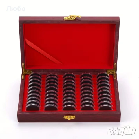 Луксозна дървена кутия за 50 монети (капсули + уплътнители)