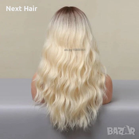 Светло руса омбре чуплива перука 60 см с тъмни корени и бретон, снимка 3 - Аксесоари за коса - 52897976