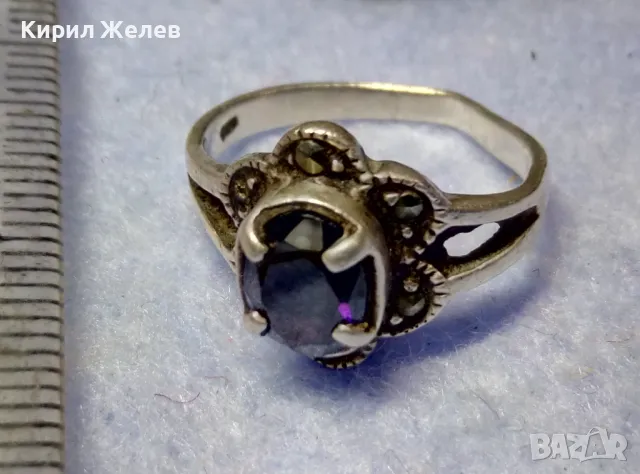 СТАРИНЕН МАРКАЗИТЕН СРЕБЪРЕН ПРЪСТЕН СРЕБРО 925 АВТОРСКИ с 2 ЩЕМПЕЛА и РЯДЪК ТЪМЕН АМЕТИСТ 48267