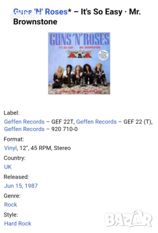 Guns 'N' Roses* – It's So Easy · Mr. Brownstone Maxi Single 12 Издание 🇬🇧 UK 1987г Състояние на ви, снимка 3 - Грамофонни плочи - 52930492