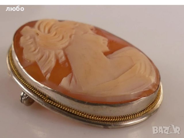 Сребърна Брошка Камея 0,800 Сребро Със Златен Обков 18 к, снимка 4 - Колиета, медальони, синджири - 42252155