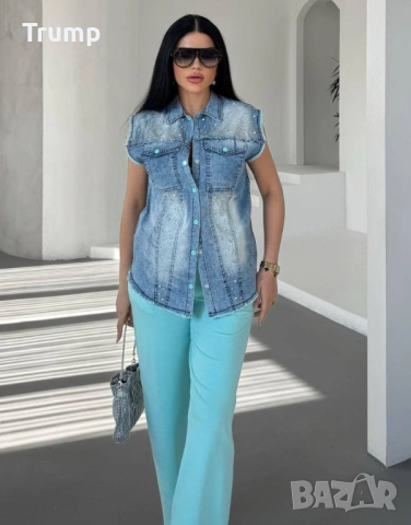 Ефектен комплект от елек деним и панталон азур цвят