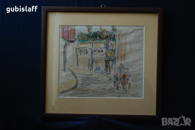 Стара картина,градски пейзаж, каруца,Стоян Василев, 1950-те