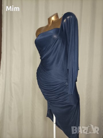 М Елегантна Тъмно синя еластична,рокля с един ръкав, снимка 4 - Рокли - 37361319