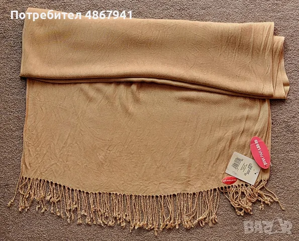 ЧИСТО НОВ шал пашмина CUBUS – цвят Камилски / Camel, 160х58 см, снимка 3 - Шалове - 56150382