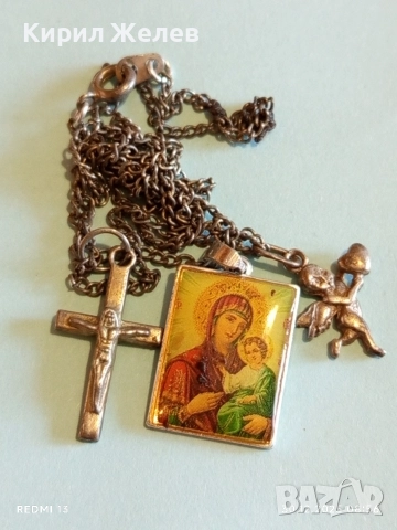 Сребърен синджир с три висулки Дева Мария,Ангелче, Разпятието 34164