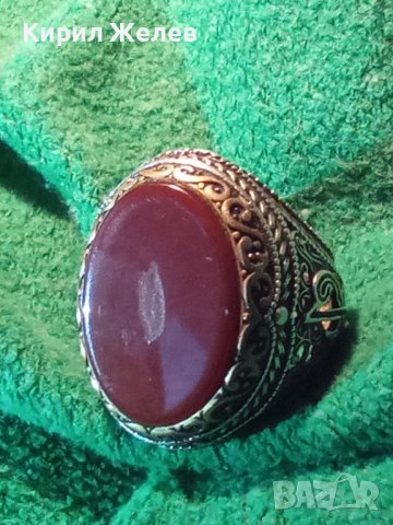 ОГРОМЕН СТАР ТУРСКИ СРЕБЪРЕН СКЪПОЦЕНЕН РЕТРО ПРЪСТЕН СРЕБРО 925 с ПОЛИРАН КАРНЕОЛ в ПОЗЛАТА 30747, снимка 3 - Антикварни и старинни предмети - 40575365
