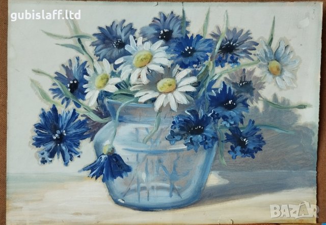 Стара картина, ваза с цветя, 1950-те год., снимка 1 - Картини - 39506182