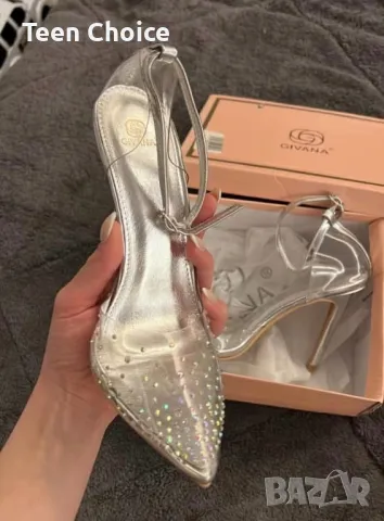 Прозрачни токчета с камъчета, снимка 2 - Дамски обувки на ток - 48523640