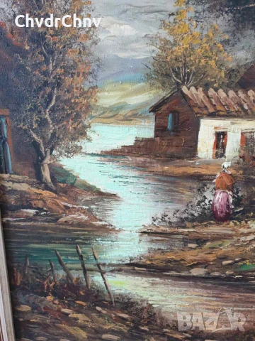 80х68см/голяма картина масло върху платно/горски пейзаж/къщи-река-дървета/дървена рамка, снимка 3 - Картини - 50852750