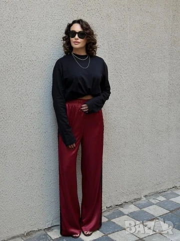 Нов Винено червен Сатениран широк панталон с висока талия ХЛ, снимка 2 - Панталони - 50492581