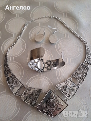 Троен посребрен комплект натурален тюркоаз, снимка 5 - Бижутерийни комплекти - 52511075