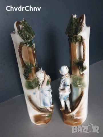 2бр чифт фигурални вази 27см/стари немски порцеланови вази с фигури/селяни с кошници, снимка 7 - Вази - 52550357
