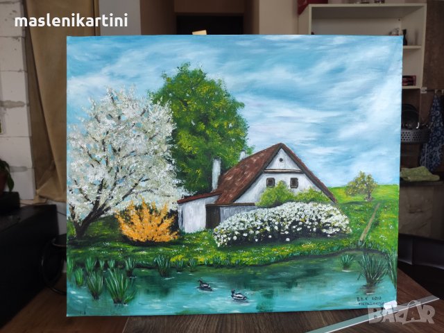Маслена картина  Пролет на село , снимка 2 - Картини - 31030999