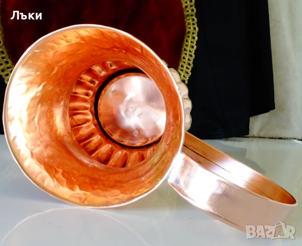Медна кана,кована чиста червена мед,птици,печат. , снимка 3 - Антикварни и старинни предмети - 54358374