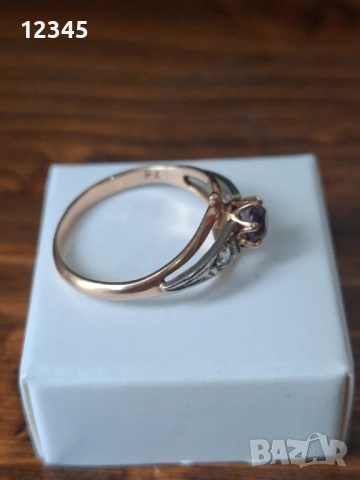 Руски антикварен златен пръстен - аметист , брилянти, снимка 3 - Пръстени - 54125434