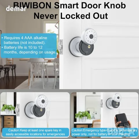 Интелигентена дръжка за врата с пръстов отпечатък и клавиатура, биометрична, сребърна, снимка 5 - Друга електроника - 48720177