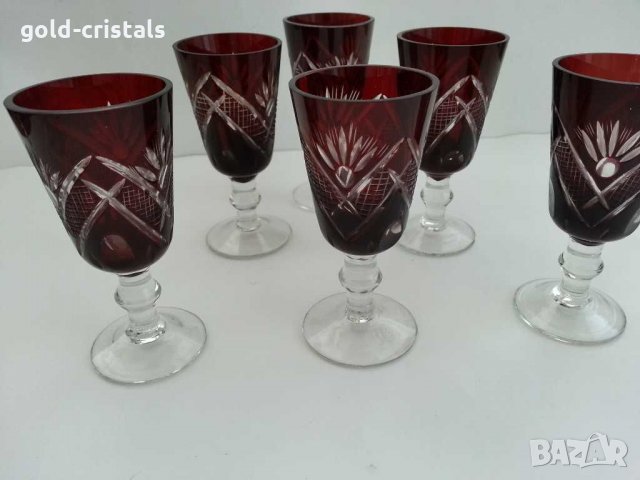 кристални чаши и гарафа цветен червен кристал , снимка 4 - Антикварни и старинни предмети - 30141080