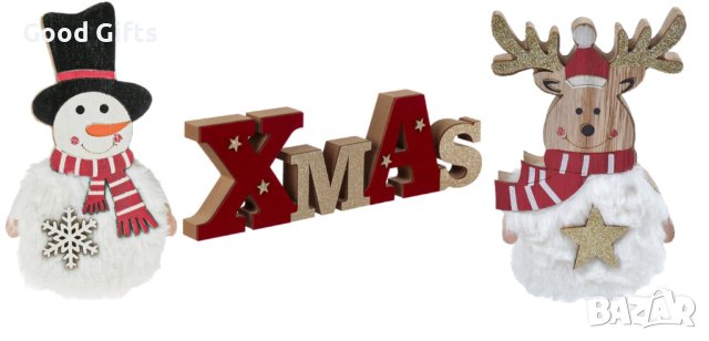 3 броя Дървени коледни фигурки за Коледна украса, XMAS, Снежен човек и Елен