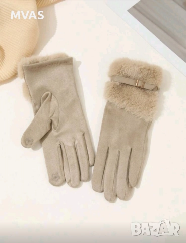 Нови дамски ръкавици пухкави Бежово Каки, снимка 2 - Ръкавици - 52582511