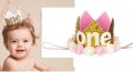 1 One годинка първи рожден ден бебе детска бяла златна корона лента за глава от филц, снимка 1 - Други - 42511283