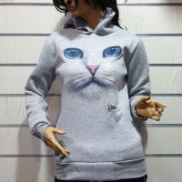 Нов дамски суичър с 3D принт сива Котка със сини очи, снимка 2 - Суичъри - 27502878