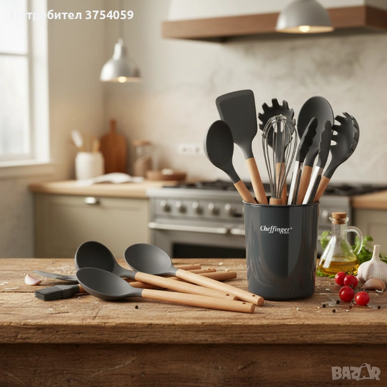 Комплект 12 части кухненски прибори със стойка Cheffinger – силиконови накрайници, дървени дръжки, снимка 1