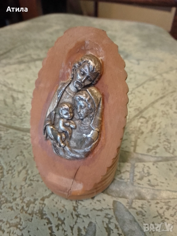 статуетка пано дърво метал светото семейство, снимка 1