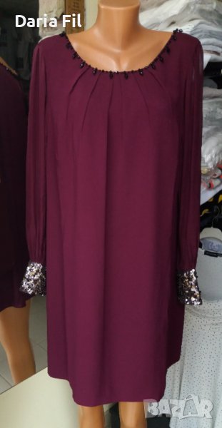 УНИКАЛНО КРАСИВА рокля в цвят марсала с пайети по ръкавите и около деколтето , снимка 1