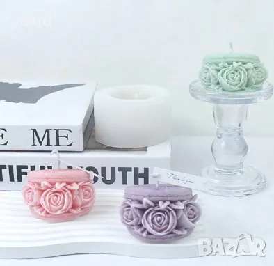 3D Голям макарон слепени бисквитки с рози кръгъл силиконов молд форма смола свещ гипс сапун декор, снимка 1