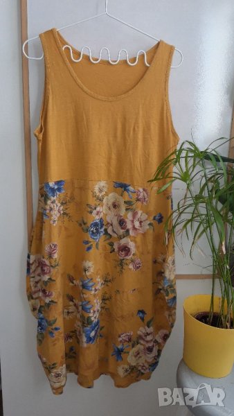 Дамска рокля тъмно жълта горчица с цветя М/Л памук без следи от употреба, снимка 1
