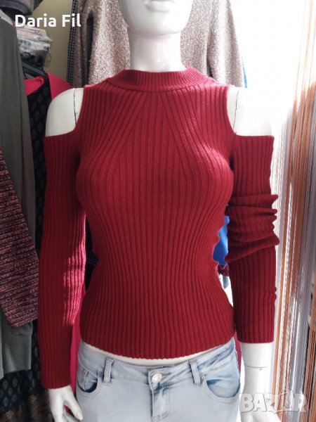 Червена блуза плетиво - по тялото с отворени рамене, снимка 1