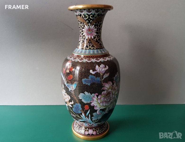 Прекрасна 19ти век Китайска Емайл Клазоне бронзова ваза, снимка 1